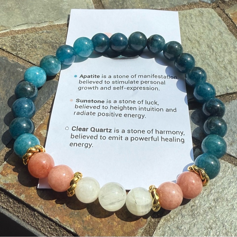 Evolvemala Apatite and Sunstone self expression bracelet size large
